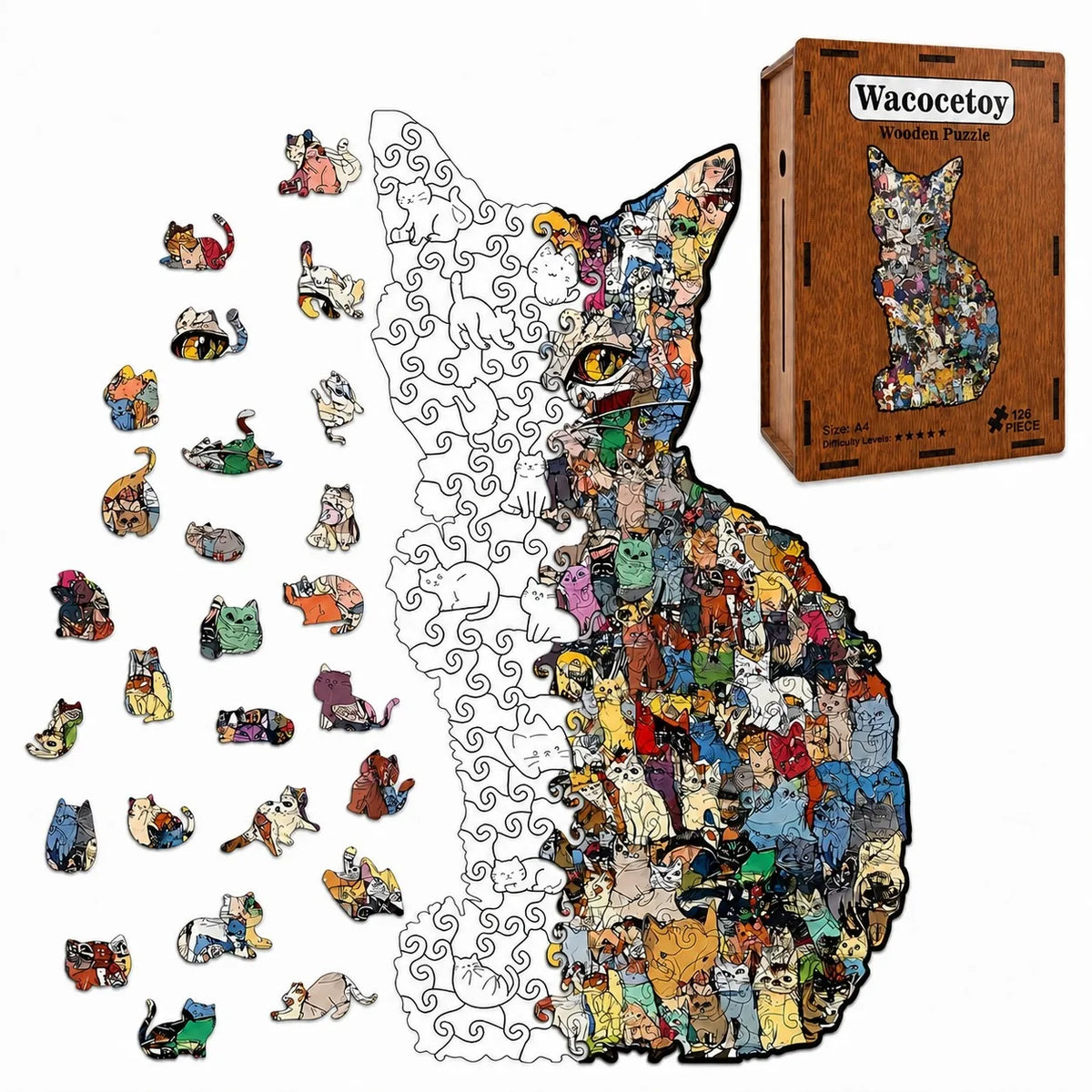 Puzzle Chat en Bois – 126 Pièces – Format A4 – Puzzle Décoratif