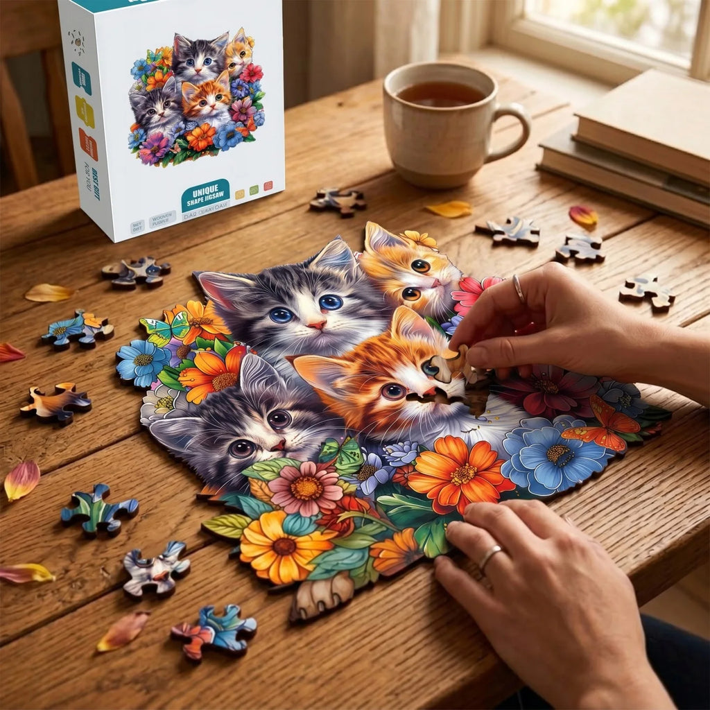 Puzzle Chats & Fleurs en Bois – 135 Pièces aux Formes Originales