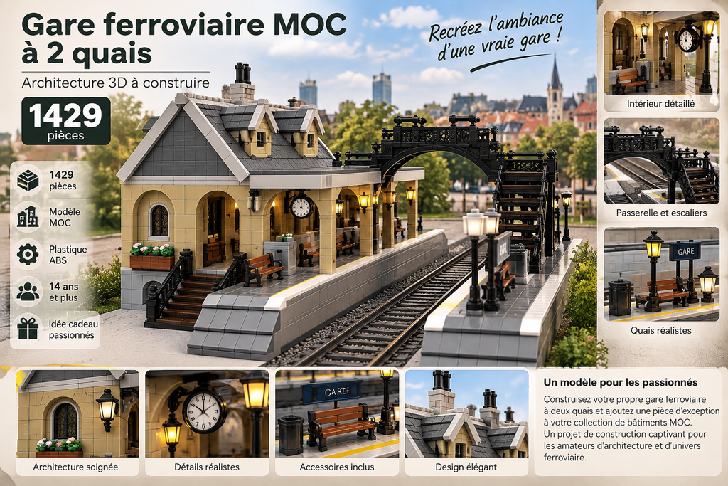 Gare ferroviaire MOC à 2 quais – 1429 pièces – Architecture 3D à construire