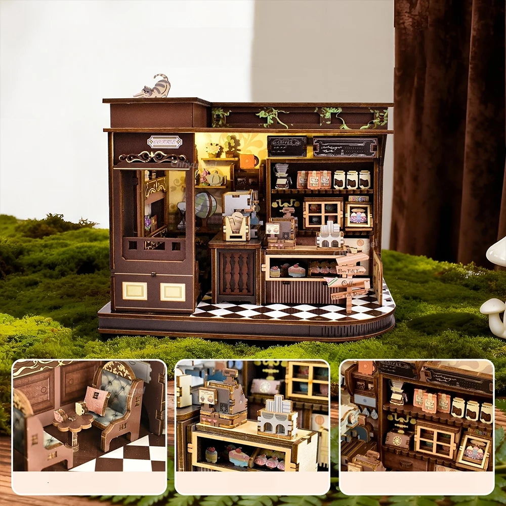 Café Miniature 3D avec LED – Maison DIY en Bois à Construire