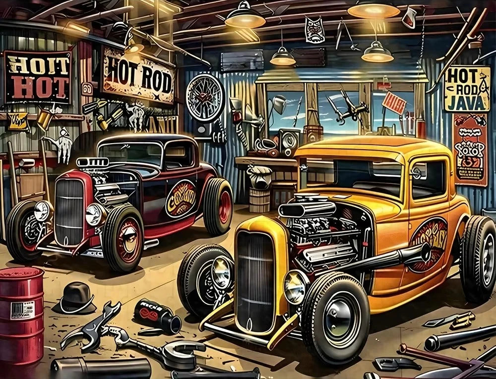 Puzzle Garage vintage et voitures Hot Rod – 500, 1 000, 1 200 ou 2 000 pièces