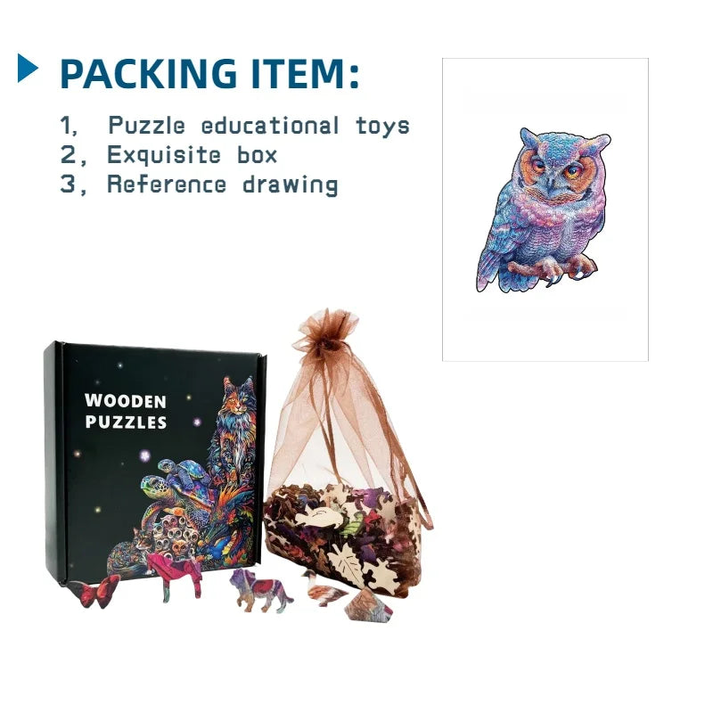 Puzzle en bois – Animaux colorés & motifs artistiques