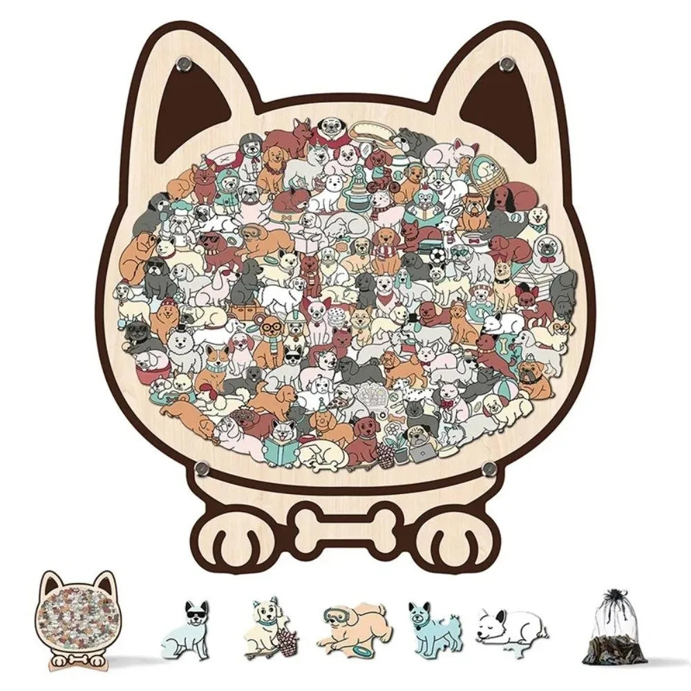 Puzzle Chien en bois 135 pièces – Couleurs Morandi & Macaron – Cadre silhouette décoratif