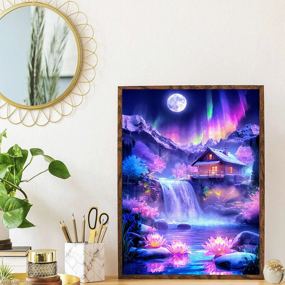 Puzzle Chalet sous les Aurores Boréales – Paysage Fantastique
