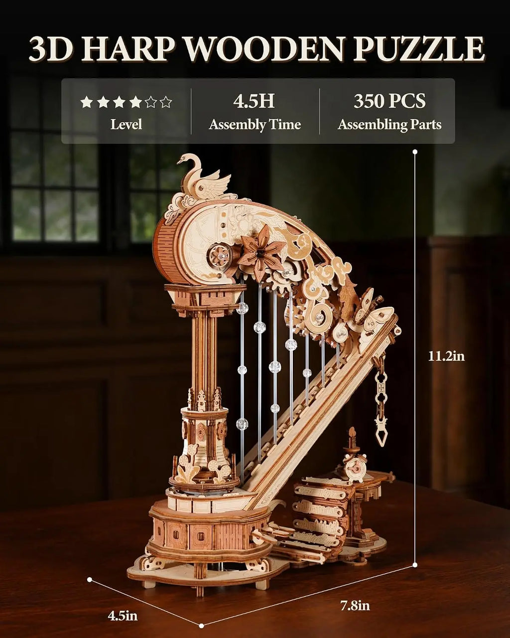 Harpe Mécanique 3D en Bois avec Boîte à Musique