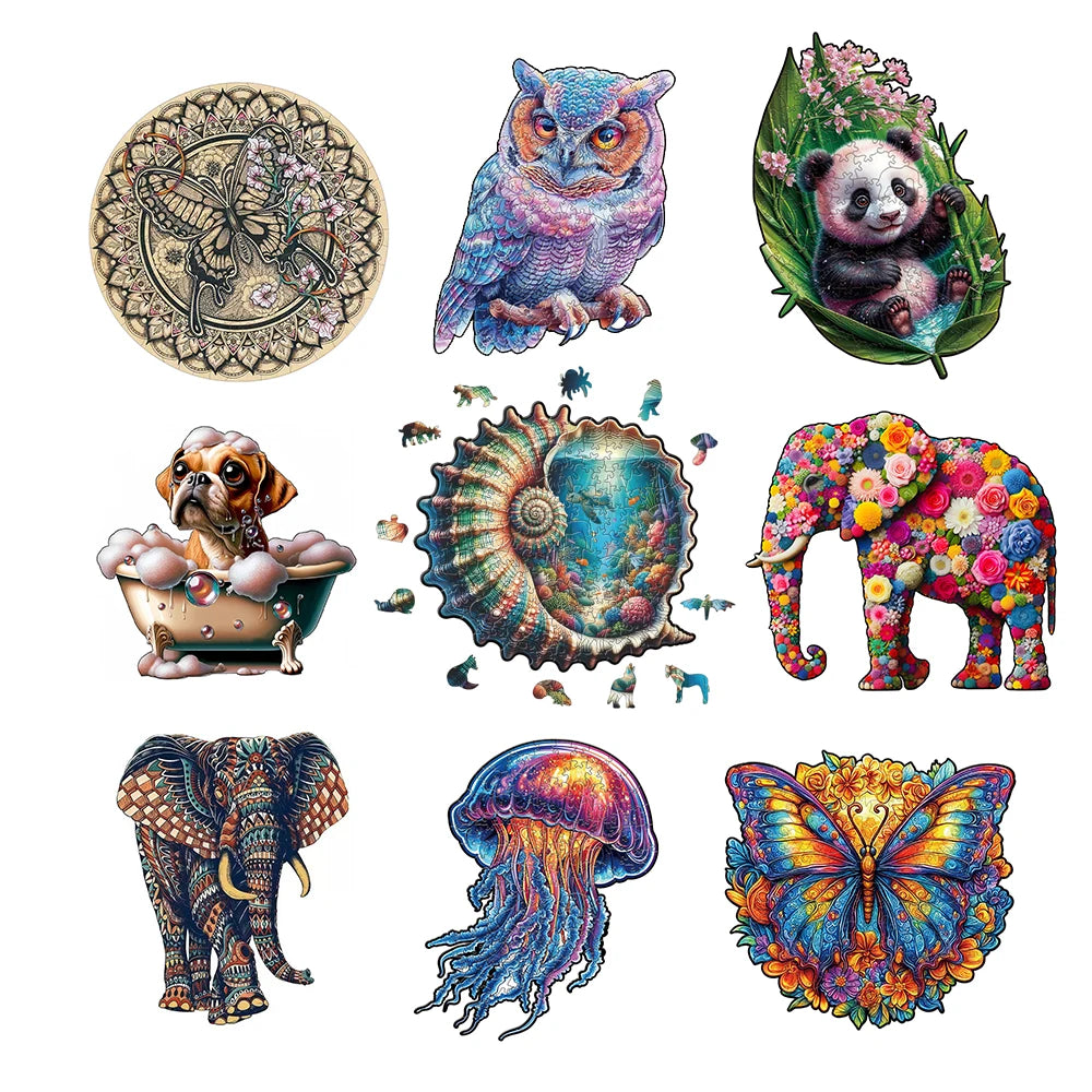 Puzzle en bois – Animaux colorés & motifs artistiques