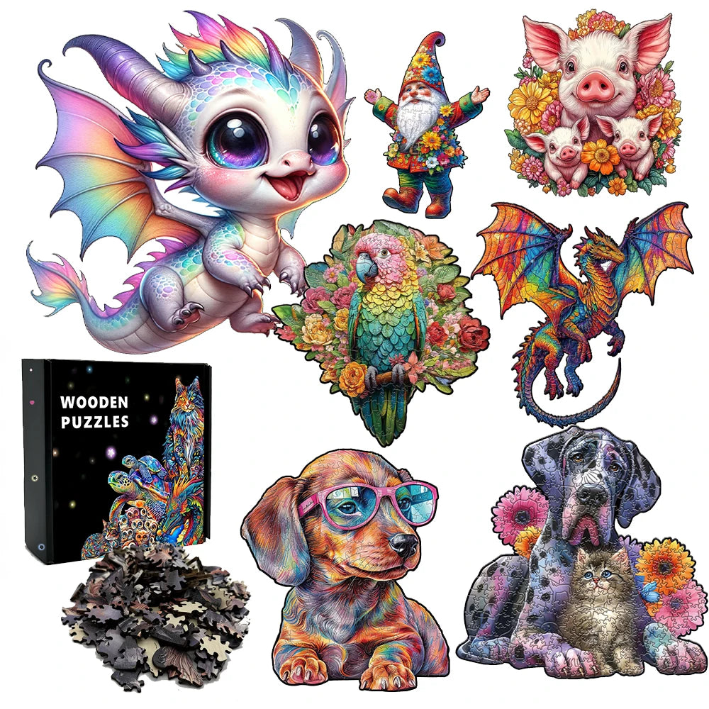 Puzzle 3D en bois – Animaux fantastiques colorés à assembler