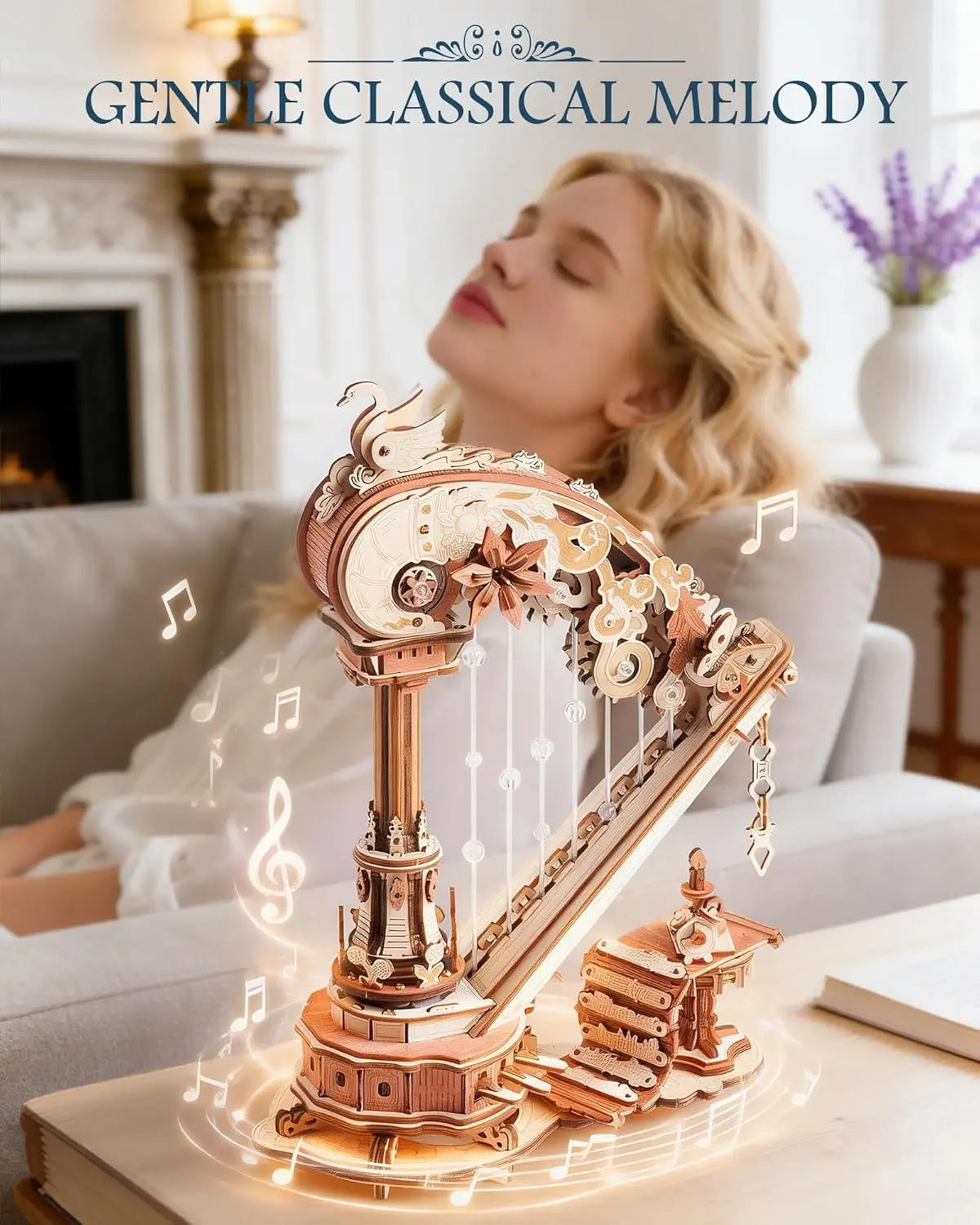 Harpe Mécanique 3D en Bois avec Boîte à Musique