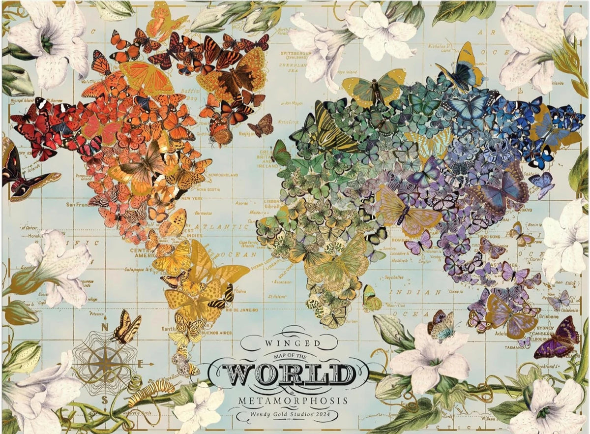 Puzzle Carte du Monde en Papillons – Illustration Florale Vintage