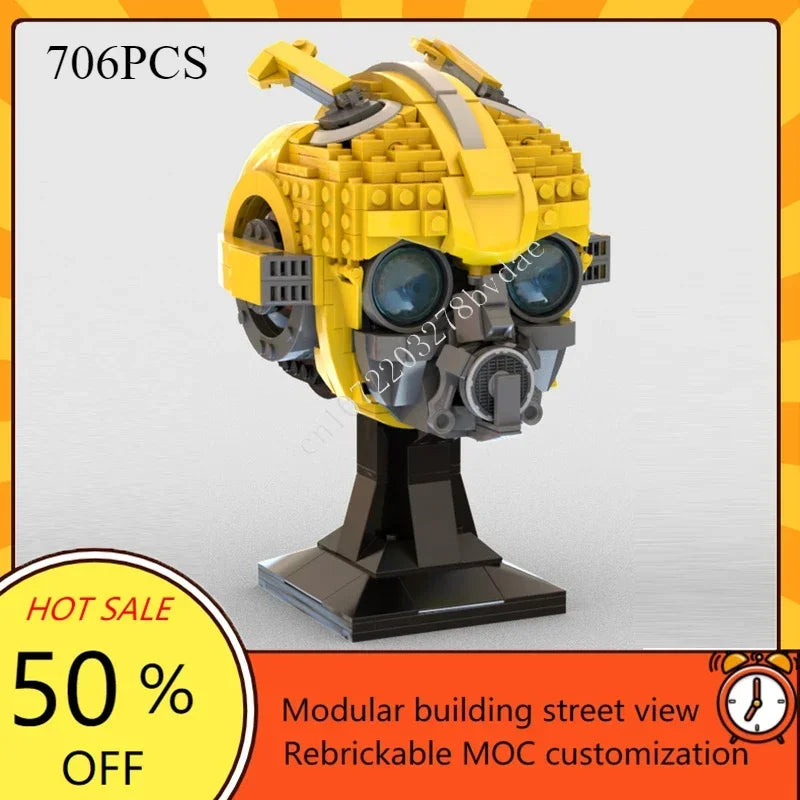 Casque de robot jaune à construire – Kit de construction MOC sur socle
