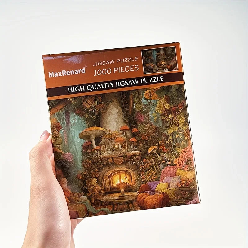 Puzzle artistique premium de 1 000 pièces – Forêt enchantée et intérieur chaleureux – Mini format 38 × 25 cm – Cadeau idéal pour adultes