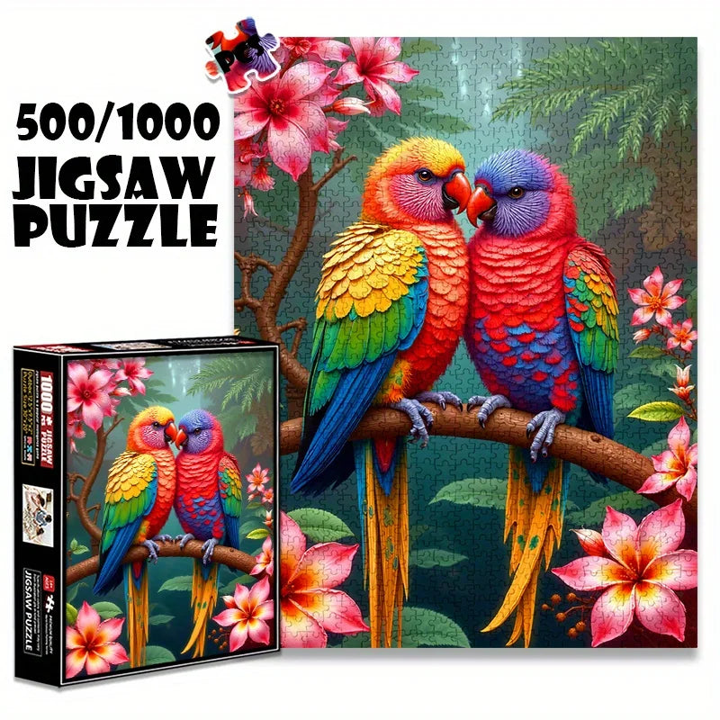 Puzzle Perroquets Tropicaux & Fleurs – 500 ou 1000 Pièces – Illustration Colorée pour Adultes