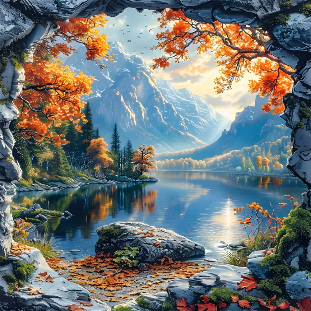Puzzle Paysage d’Automne sur le Lac – Vue depuis une Grotte – 500 / 1000 Pièces