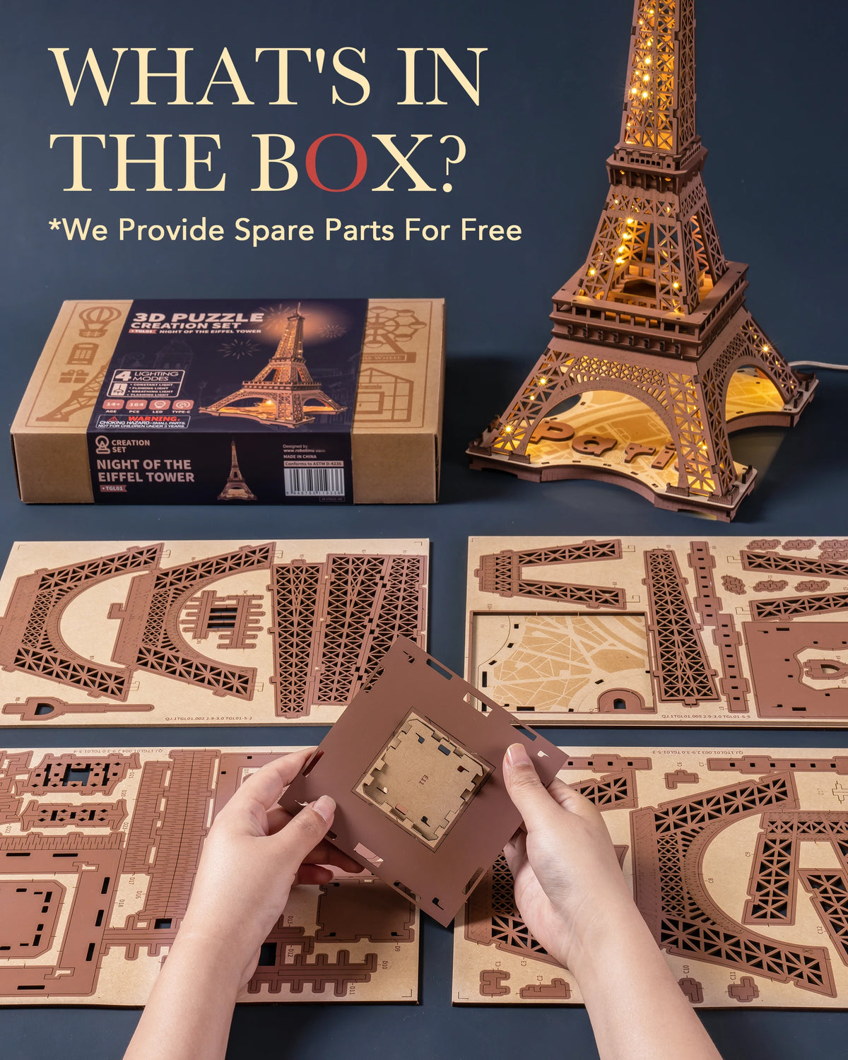 Puzzle 3D en bois Tour Eiffel lumineuse – Maquette DIY à construire