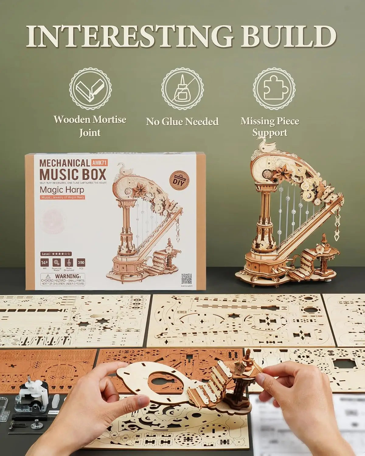 Harpe Mécanique 3D en Bois avec Boîte à Musique