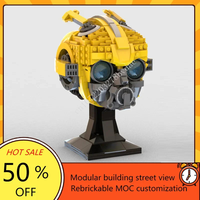 Casque de robot jaune à construire – Kit de construction MOC sur socle