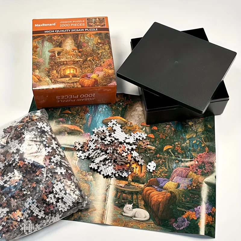 Puzzle artistique premium de 1 000 pièces – Forêt enchantée et intérieur chaleureux – Mini format 38 × 25 cm – Cadeau idéal pour adultes