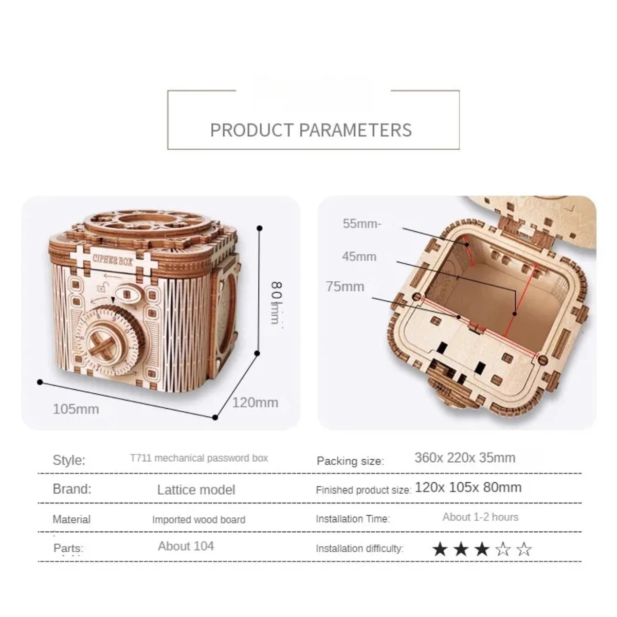 Boîte à Bijoux Mécanique 3D en Bois – Puzzle à Assembler avec Verrouillage