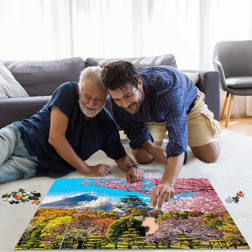 Puzzle 1000 pièces Château d’Osaka & Cerisiers en fleurs – Paysage du Japon