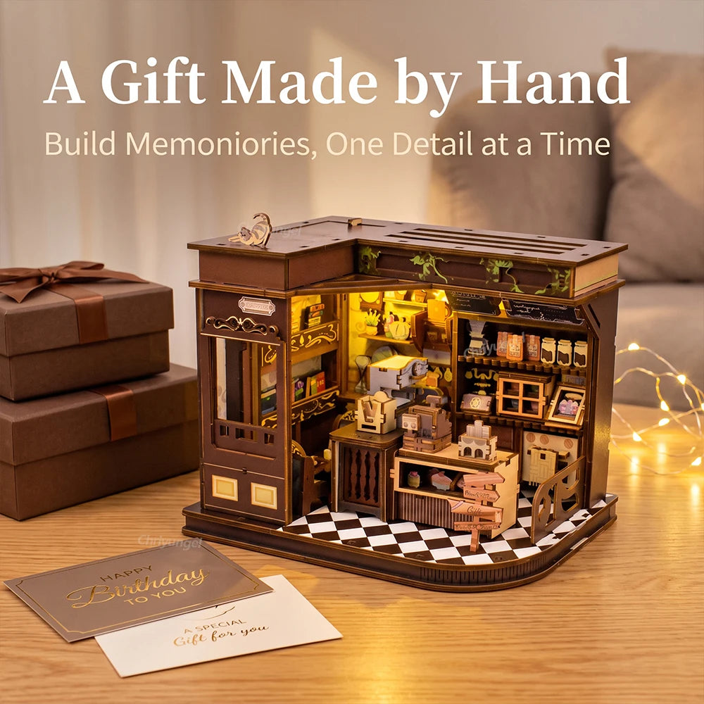 Café Miniature 3D avec LED – Maison DIY en Bois à Construire