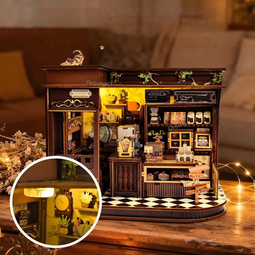 Café Miniature 3D avec LED – Maison DIY en Bois à Construire