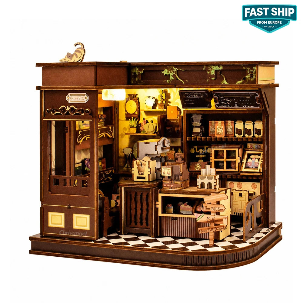 Café Miniature 3D avec LED – Maison DIY en Bois à Construire
