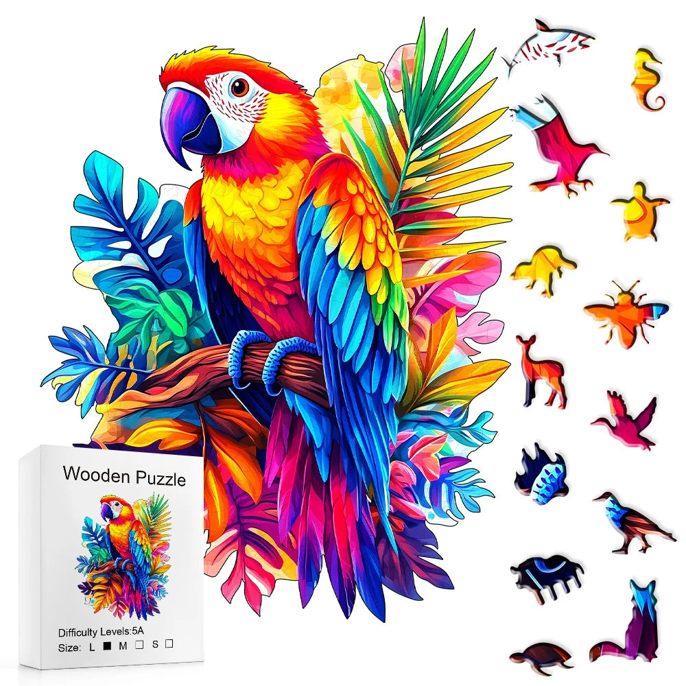 Puzzle Perroquet fleuri en bois – Pièces aux formes originales – Adultes & ados