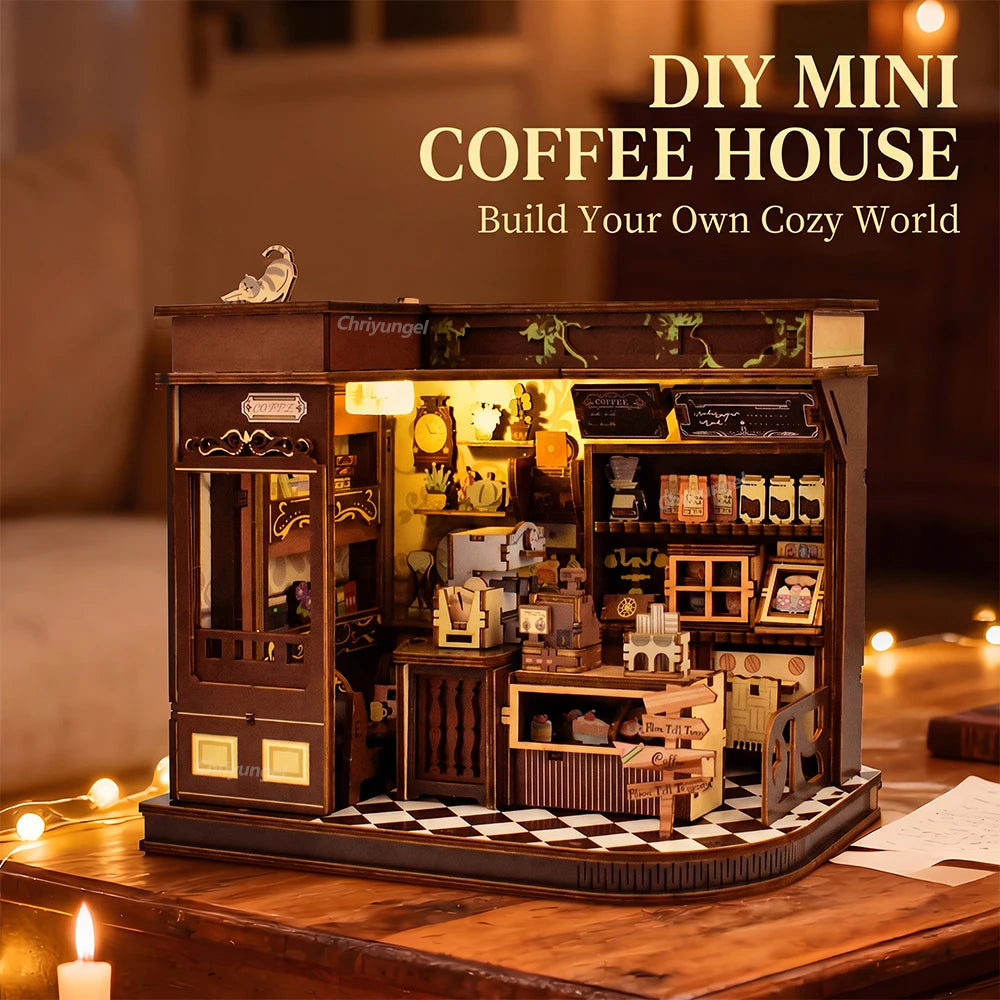 Café Miniature 3D avec LED – Maison DIY en Bois à Construire