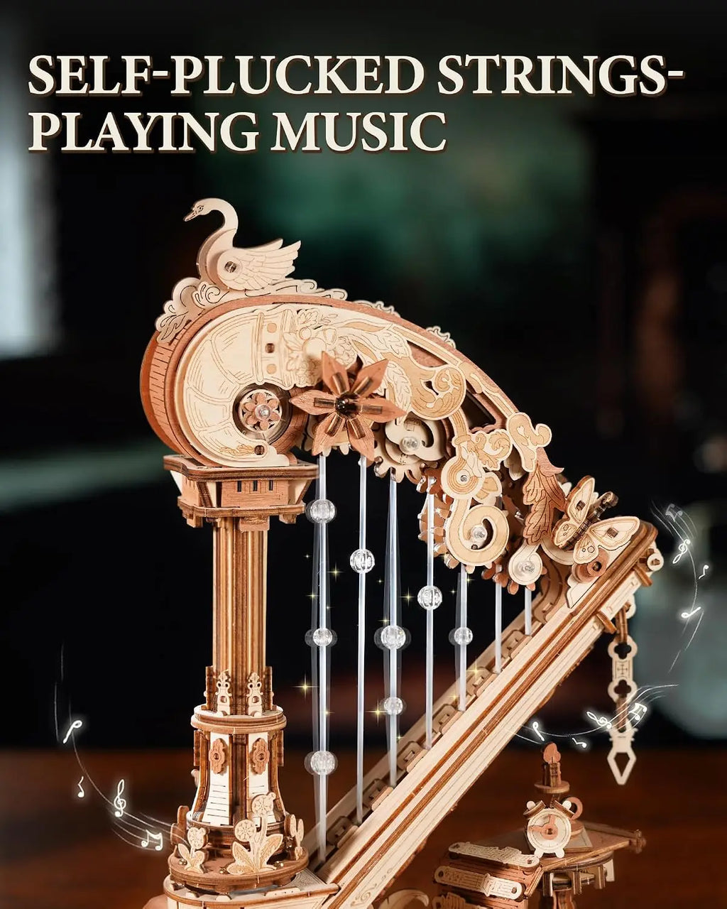Harpe Mécanique 3D en Bois avec Boîte à Musique