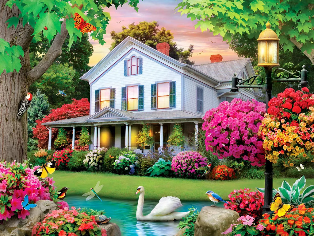 Puzzle adulte 500 à 2000 pièces – Villa blanche, jardin et animaux – Paysage décoratif