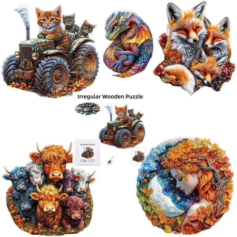 Puzzle en bois animaux – Chat, renard et vache | Pièces aux formes irrégulières