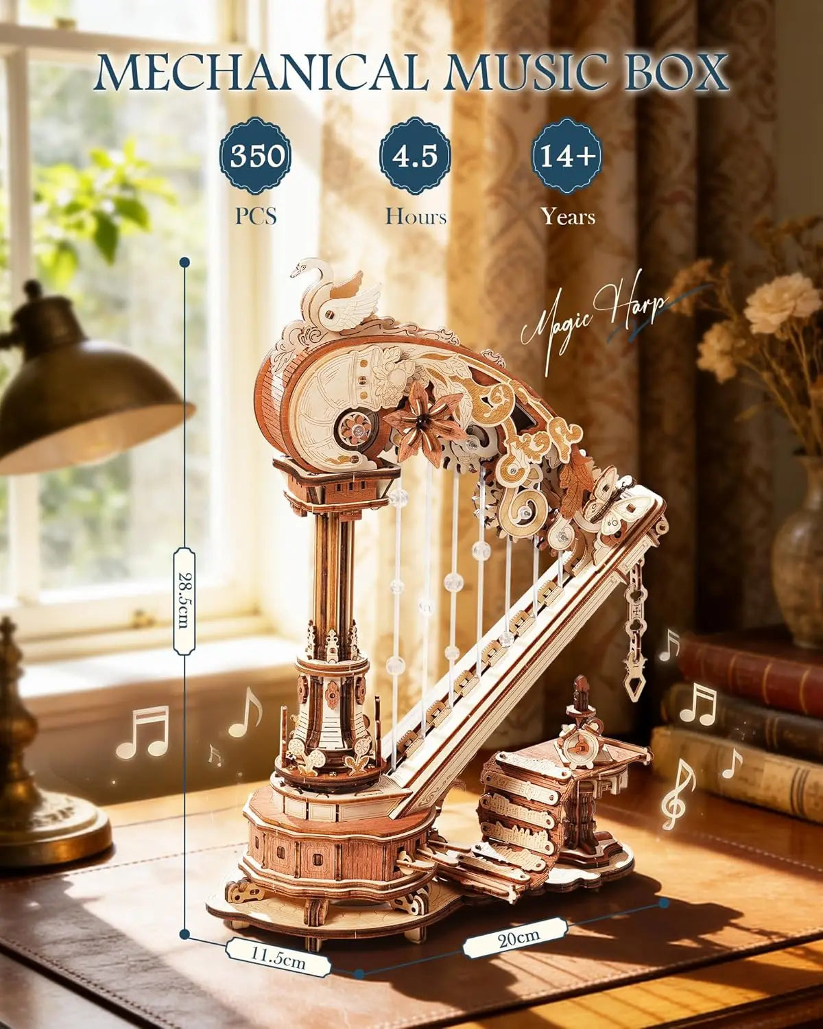 Harpe Mécanique 3D en Bois avec Boîte à Musique