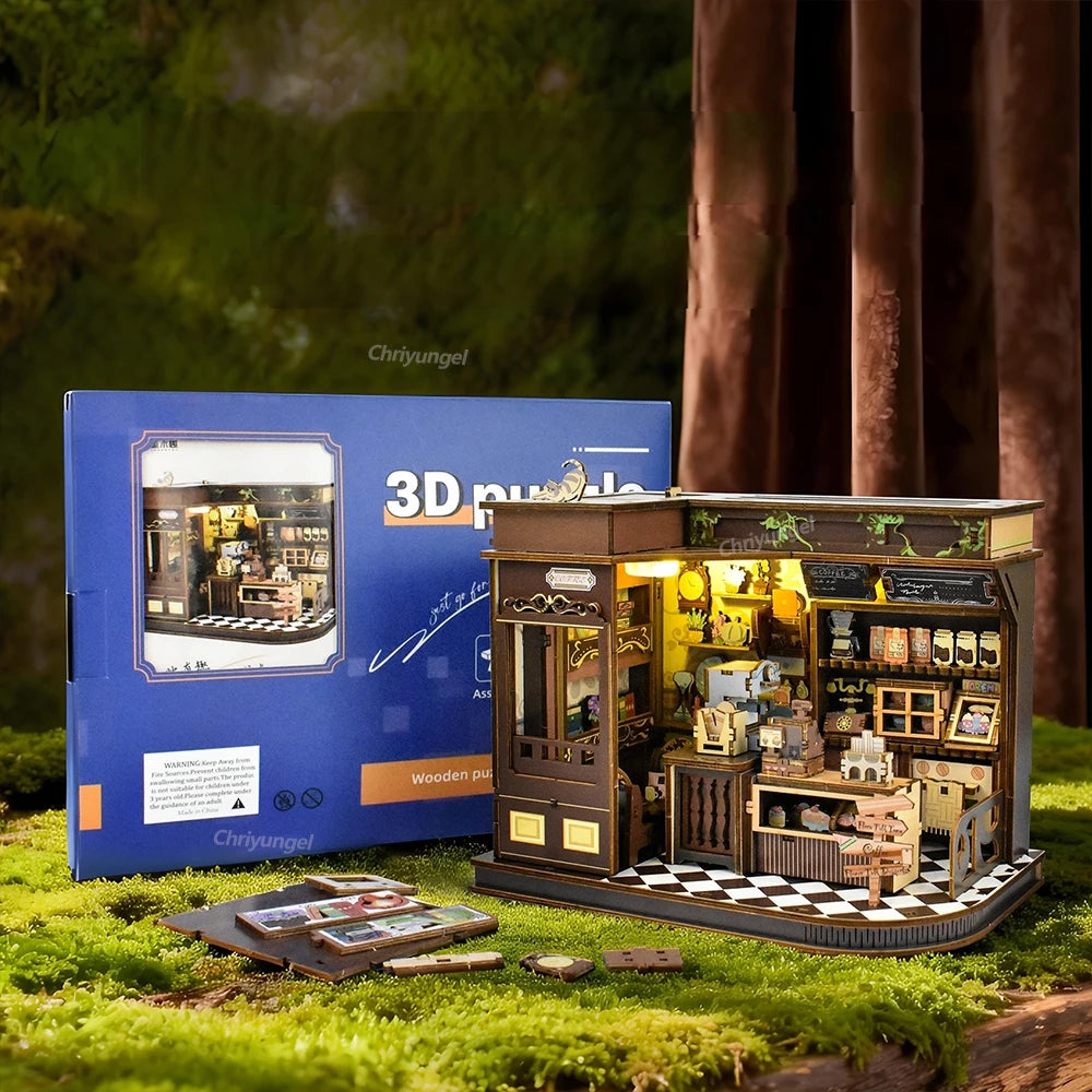 Café Miniature 3D avec LED – Maison DIY en Bois à Construire