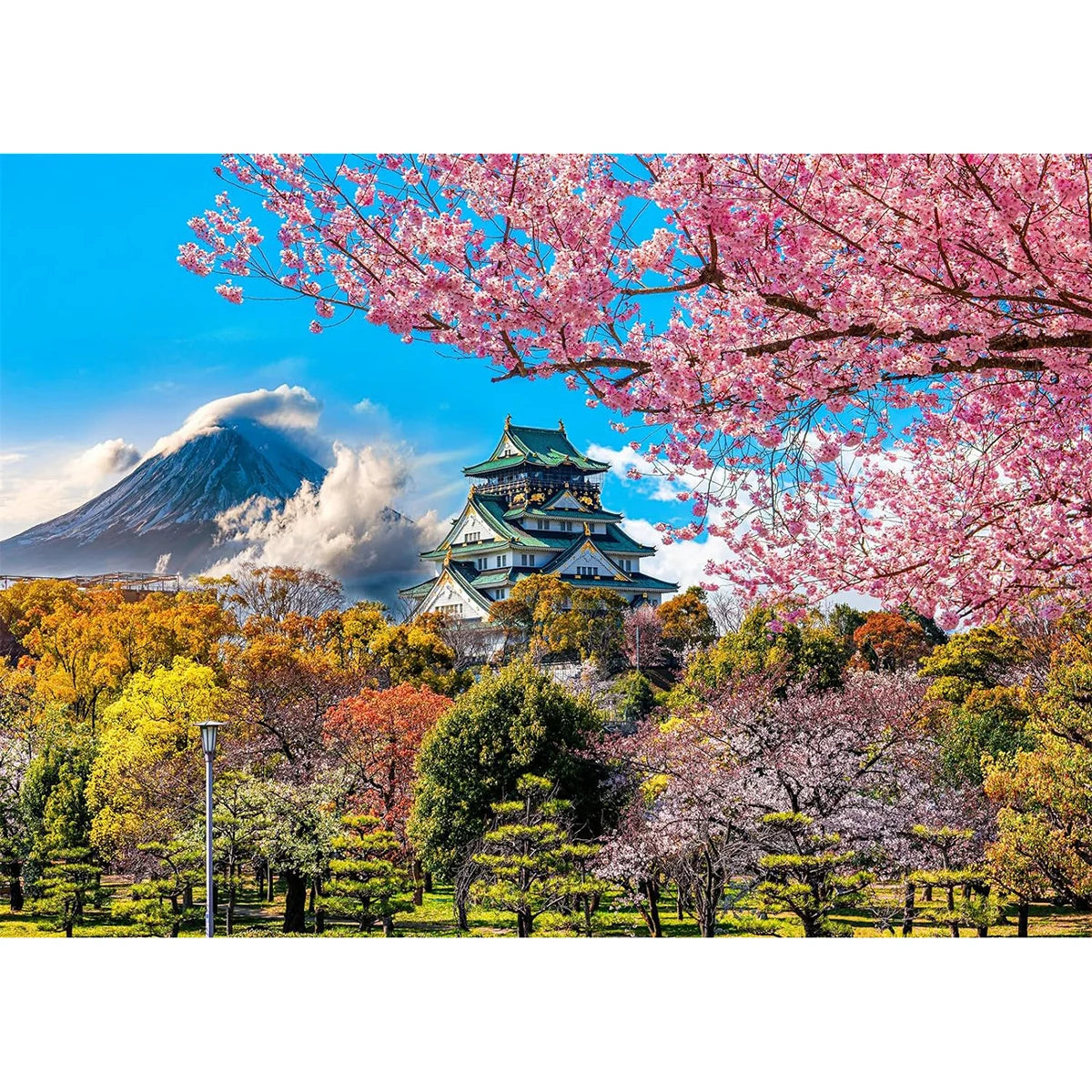 Puzzle 1000 pièces Château d’Osaka & Cerisiers en fleurs – Paysage du Japon